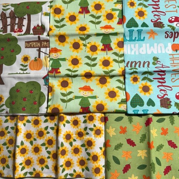 🛒 $9 Quilt Cotton Fabric Material 5 Fat Quarter Fall Pumpkins Sunflower #7 - Picture 1 of 7